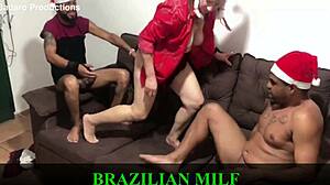 this naughty mature milf noel begged for three huge black cocks as her christmas gift