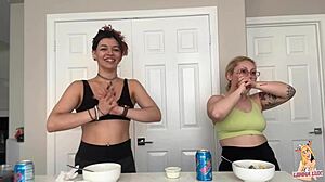 mukbang queen devours huge belly full tall stacks then burps loud