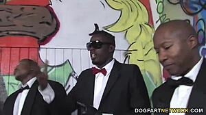 Busty blonde Cindee takes big black cocks in interracial blowbang gangbang bukkake