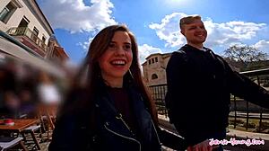 Petite brunette gives blowjob under shower splash in kinky greek sex vlog