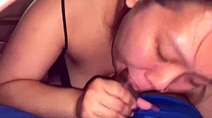 Homemade brunette chokes on huge interracial cock deepthroats gags then swallows massive cumshot pov.