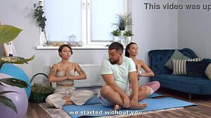 inked yoga babe dives into anal threesome with couple