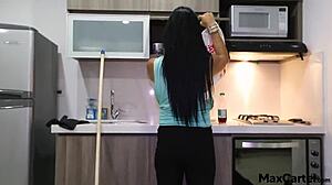 Black Haired Petite Teen Maid in Lingerie Thong Caught Cleaning Voyeur Style!
