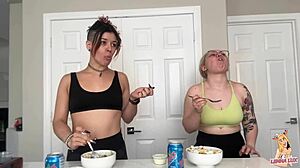 mukbang queen devours huge belly full tall stacks then burps loud