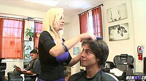 gorgeous blonde milf hairdresser seduces young guy with her horny cougar body