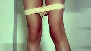 Suggestive outdoor shemale in cum-soaked panties upskirt after public dress masturbation