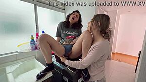 two horny latina lesbians tribbing wet pussies silently in kitchen kissing big asses passionately!