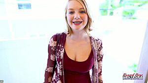 Busty strawberry blonde astrid country coed takes sloppy deepthroat pounding