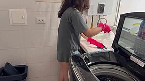 two horny latina lesbians tribbing wet pussies silently in kitchen kissing big asses passionately!