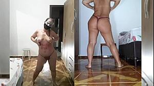 bbw milf rips clothes off in red lingerie before huge dildo ass pounding