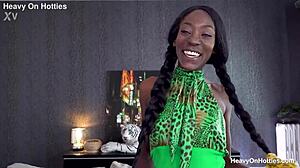 Oiled ebony babe deepthroats then eats thick cum