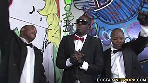 Busty blonde Cindee takes big black cocks in interracial blowbang gangbang bukkake