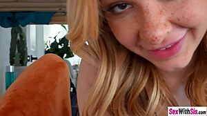 Stepbrother pounds petite Turkish stepsister's tight pussy then muff dives her