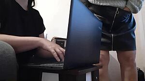 whoa, my hot brunette secretary orgasms in miniskirt at the office