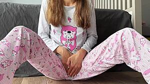 stepsister's small perky boobs bounce in pajamas as she fingers pussy to squirting cum closeup