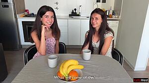 two brunettes lick pussies kiss cum then guy creampies both