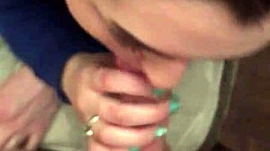 Girlfriend drops to knees for deep blowjob on my throbbing cock