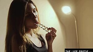 she muffles screams thru ballgag while dildoing her soaked pussy hard