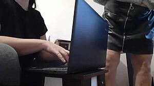 whoa, my hot brunette secretary orgasms in miniskirt at the office