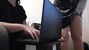 whoa, my hot brunette secretary orgasms in miniskirt at the office