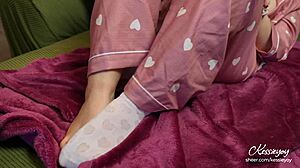 Horny Stepsis in Cute Pajamas Ruins Orgasm with Small Feet Close Up