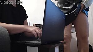 whoa, my hot brunette secretary orgasms in miniskirt at the office