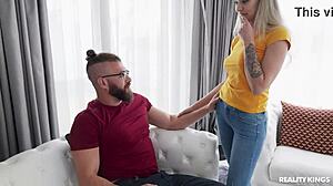 maid in jeans gives blowjob handjob cum facial kiss