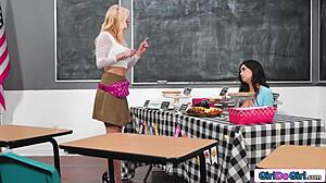 omg stepmom sneaks under the desk to lick stepdaughter's pussy while fingering her big natural tits 😋👅