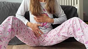 stepsister's small perky boobs bounce in pajamas as she fingers pussy to squirting cum closeup