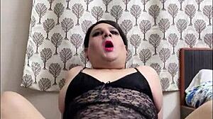 Shemale Monica M Strokes Monster Cock in Lingerie Cumshot