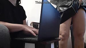 whoa, my hot brunette secretary orgasms in miniskirt at the office