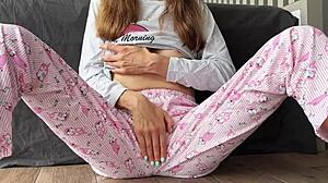 stepsister's small perky boobs bounce in pajamas as she fingers pussy to squirting cum closeup