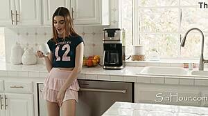 Stepdaughter squirts mess everywhere forcing stepdad to clean sticky house