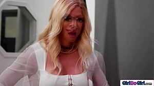 omg stepmom sneaks under the desk to lick stepdaughter's pussy while fingering her big natural tits 😋👅