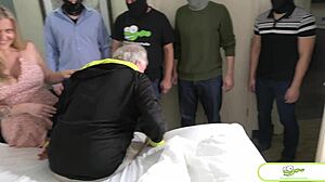 Wisconsin tiffs rims old man's ass then takes friends' cocks doggystyle in juicy gangbang