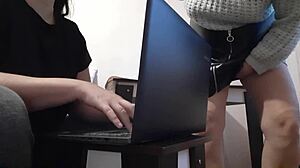 whoa, my hot brunette secretary orgasms in miniskirt at the office