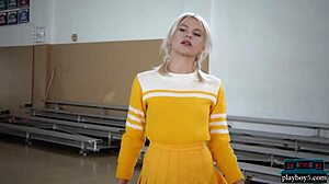 Petite blonde milf cheerleader Lennon Elizabeth strips courtside?!