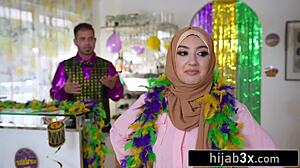 Beautiful Muslim teen flashes natural tits then rides cock at Mardi Gras?