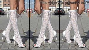 high heels boots legs feet covered in messy outdoor cumshot