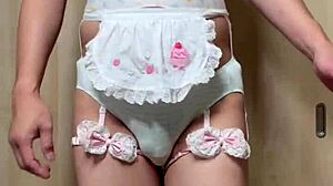 Cute Japanese maid sniffs panties in office toilet