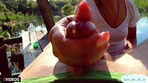 Stranger milf jerks cock for cash public outdoor oil