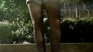 taiwanese shemale strokes legs in stockings outdoors and cums hard