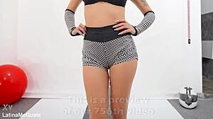 whoa long tongue busty brunette's puffy pussy peeks from g-string gym workout