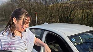 Hairy mature milf wife swallows my cum gratefully after outdoor car pov blowjob