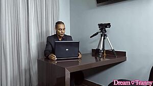 gorgeous blonde shemale bella salvatore pumped full of cum after anal creampie and blowjob