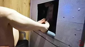 skinny tattoo milf dominates small cock with first gloryhole footjob cumshot