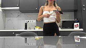 tattooed blonde strips panties in kitchen flashing meaty pussy and ass