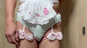 Cute Japanese maid sniffs panties in office toilet