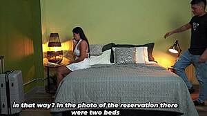 Stepmom shares hotel bed with stepson and ends up riding his cock hard