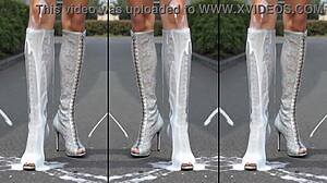 high heels boots legs feet covered in messy outdoor cumshot